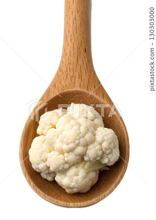 Fresh cauliflower florets in a rustic wooden spoon, healthy eating ingredient isolated on transparent background 130303000