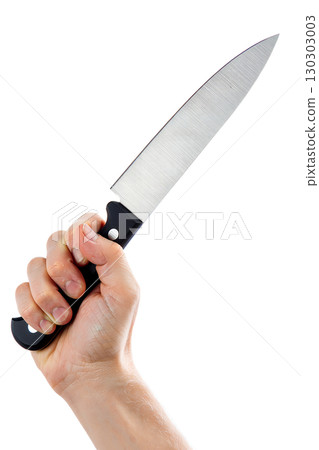 Chef's hand holding sharp stainless steel kitchen knife, culinary tool isolated on transparent background 130303003