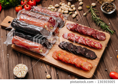Assorted gourmet sausages sliced and vacuum packed on rustic wooden background with spices 130303005