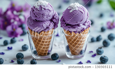 Two cones of blueberry ice cream with coconut flakes in glass cups, surrounded by berries and flowers on soft background 130303111
