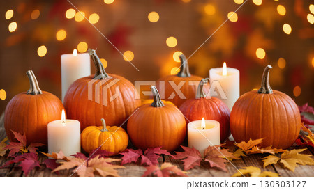 Pumpkins with candles and autumn leaves on wooden table, cozy seasonal Halloween and fall festive decoration 130303127
