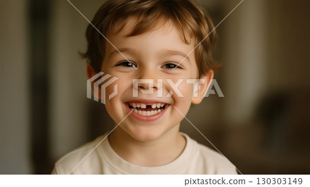 Cheerful boy smiling widely and showing his missing baby tooth. Close-up portrait of childhood joy and innocence with warm indoor background. 130303149