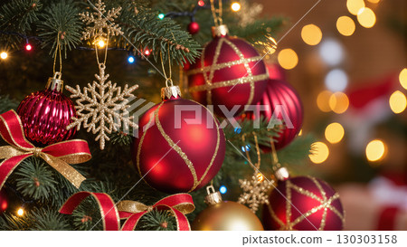 Red and gold Christmas ornaments, snowflakes, and bows decorating a fir tree with warm festive lights in the background. 130303158