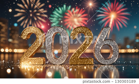 New Year 2026 celebration with glittering numbers and colorful fireworks over city lights at night 130303189