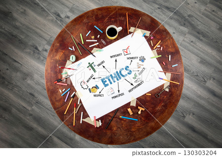 Ethics values concept on paper with handwritten keywords and creative supplies around table 130303204