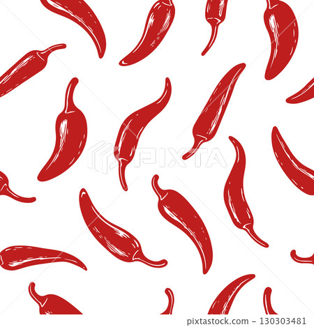 Vector Seamless Pattern with Red Chili Peppers, Vector Illustration. Hot Spicy Chili Pepper Background for Mexican Food, Cooking Design. Heat Ingredient, Fresh Organic Pepper Print 130303481