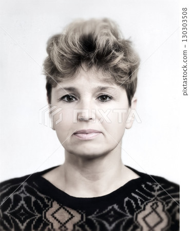 Vintage portrait of a beautiful middle-aged woman. Retro photo 1987 Vintage portrait of a beautiful middle-aged woman. Retro photo 1987 130303508
