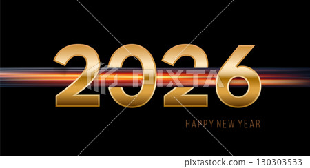 2026 New Year background. Golden numbers with horizontal glowing gradient line on black backdrop, elegant futuristic style for celebration, countdown, party invitation. Holiday vector design 2026 New Year background. Golden numbers with horizontal glowing gradient line on black backdrop, elegant futuristic style for celebration, countdown, party invitation. Holiday vector design 130303533