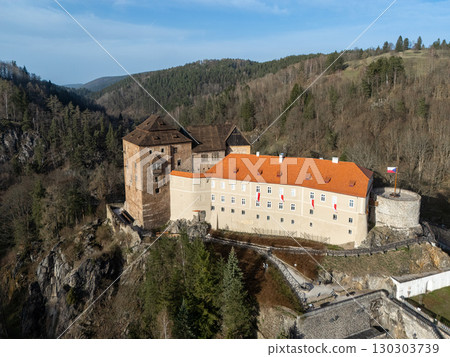 Drone photo of a medieval castle in the Czech Republic. Bekov nad Teplovou. 130303739