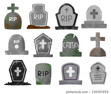 Watercolor style graveyard illustration set, illustrations for Halloween decoration, background design, Halloween posters and cards 130303858