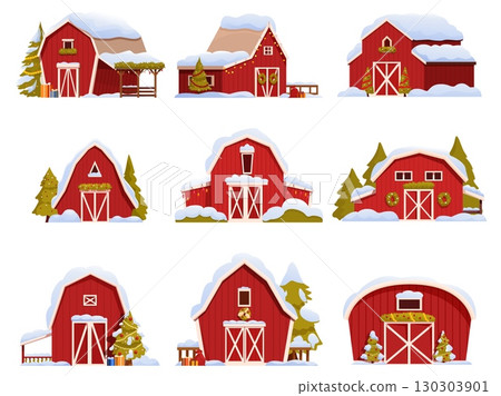 Christmas red barns. Winter holiday decorations on red wooden farmhouse. Xmas tree with garlands, wreath, present box piles, sapid vector set Christmas red barns. Winter holiday decorations on red wooden farmhouse. Xmas tree with garlands, wreath, present box piles, sapid vector set 130303901
