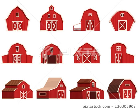 Cartoon red barns. Agriculture buildings, barn wooden constructions. Farmhouse architecture facades flat icons. Rural building sapid vector set Cartoon red barns. Agriculture buildings, barn wooden constructions. Farmhouse architecture facades flat icons. Rural building sapid vector set 130303902