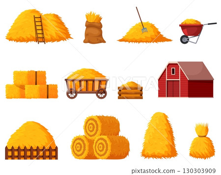 Hay piles and biles. Different farming agriculture elements, harvest time. Farm tools, red barn and cart for haystacks. Dry grass in sack, sapid vector clipart 130303909