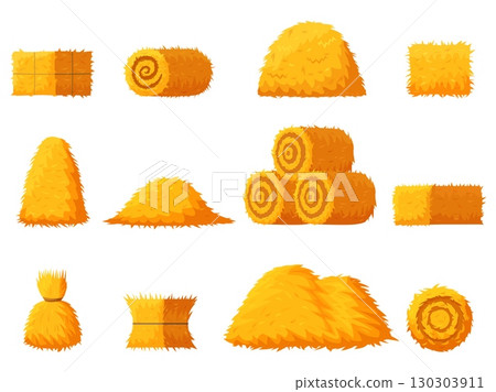 Cartoon hay collection. Yellow dry grass in bales, haystacks shapes. Agriculture countryside and village landscape elements, harvest sapid vector set 130303911