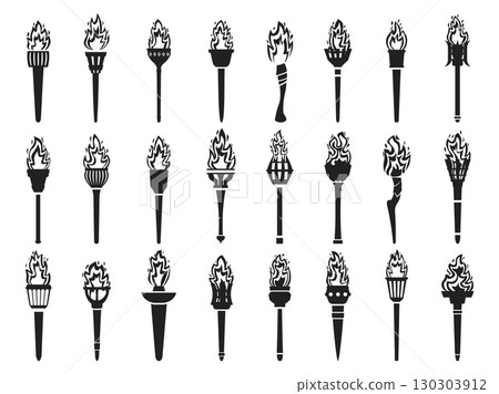 Black torch silhouettes. Different torches, torchlight for interior light. Worldwide olympic sport symbol, burning fire on sticks. Isolated sapid vector set 130303912
