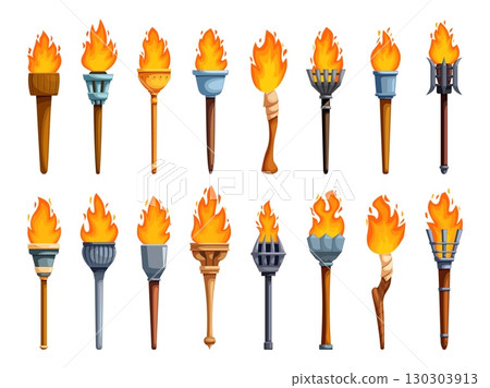 Cartoon medieval torches. Ancient torch with fire flame, metal wooden stone torchlights. Isolated flaming lights elements for castle or cave interior, sapid vector set Cartoon medieval torches. Ancient torch with fire flame, metal wooden stone torchlights. Isolated flaming lights elements for castle or cave interior, sapid vector set 130303913