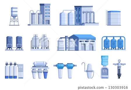 Water purification industry. Factories and filtration aqua engineering system. Cleaning water process, purifying liquids for drink and use, industrial sapid vector icons 130303916