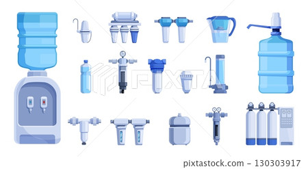 Cartoon water purification tools. Isolated filtering system for home and office. Clean aqua equipment, water filter jar and filtration membrane sapid vector set 130303917