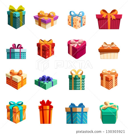 Present boxes. Cartoon gift paper packing, different bows and ribbons. Decorative pack, gifts for christmas, birthday, valentines day, party, sapid vector clipart 130303921