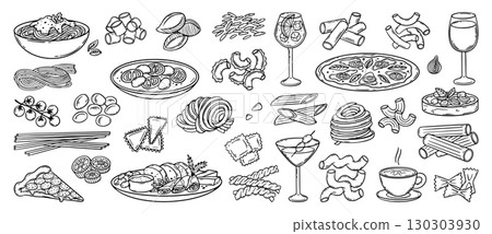 Doodle italian food. Tasty cuisine of italy. Pizza pasta seafood meals and drinks. Traditional cafe or restaurant dishes, lunch dinner neoteric vector elements Doodle italian food. Tasty cuisine of italy. Pizza pasta seafood meals and drinks. Traditional cafe or restaurant dishes, lunch dinner neoteric vector elements 130303930