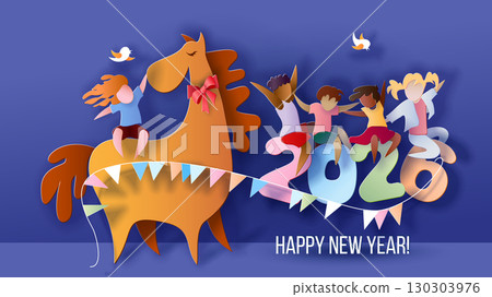Child girl riding horse new year 2026 banner Year of the horse 2026 greeting card Child girl riding horse new year 2026 banner Year of the horse 2026 greeting card 130303976