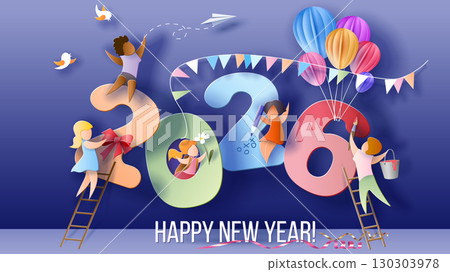2025 New Year design card with kids on blue background. Paper cut and craft style. 130303978