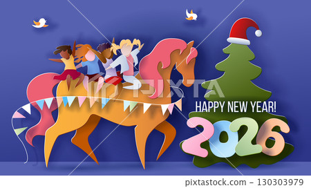 Children riding horse new year 2026 card. Year of the horse 2026 greeting banner 130303979