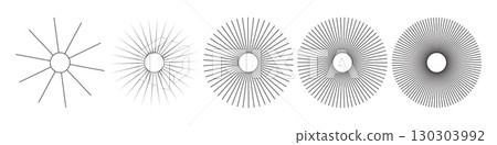 Sun icons with radial rays. Set of sunburst and starburst elements with varying line thickness and density. Retro comic or vintage engraving style rays. Abstract vector illustration 130303992