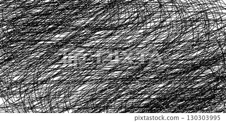 Chaotic scribble pattern. Abstract black hand-drawn lines randomly tangled on white background. Messy sketch texture for artistic designs or stress concepts. Trendy vector illustration 130303995