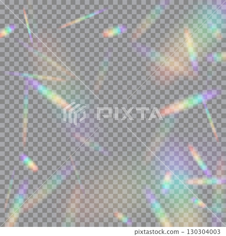 Rainbow light flares on transparent background. Glowing prism light leaks scattered randomly. Camera lens flickers. Holographic rays. Abstract vector illustration Rainbow light flares on transparent background. Glowing prism light leaks scattered randomly. Camera lens flickers. Holographic rays. Abstract vector illustration 130304003