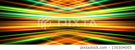 Colorful light laser grid background. Abstract glowing light beams in green, orange and yellow intersecting on dark surface. Futuristic neon stage, light show, or game design. Vector illustration 130304005