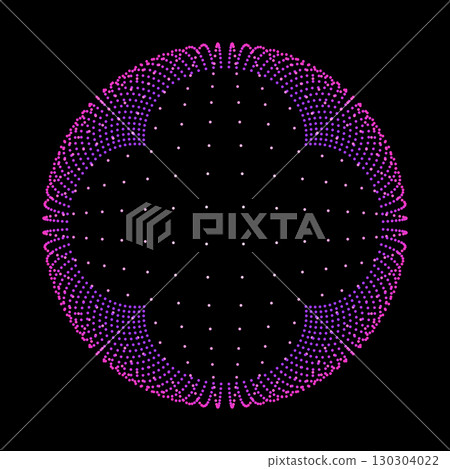 Magenta dotted round pattern. Abstract neon purple circle frame. Particle pattern with radial motion and glowing neon effect. Modern vector illustration 130304022