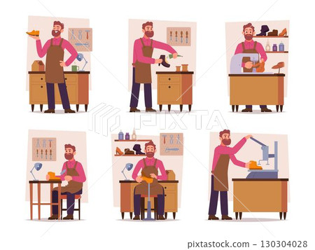 Shoemaker. Characters working in shoes workshop exact vector conceptual illustrations set 130304028