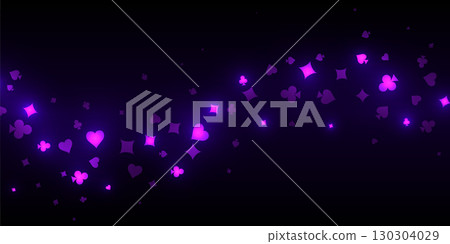 Casino background. Falling purple glowing playing cards on black background. Sparkling hearts, clubs, diamonds and spades on dark. Online gambling concept. VIP abstract vector illustration Casino background. Falling purple glowing playing cards on black background. Sparkling hearts, clubs, diamonds and spades on dark. Online gambling concept. VIP abstract vector illustration 130304029