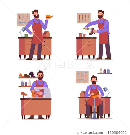 Shoemaker. Workshop scenes with master repair shoes exact vector cartoon templates 130304031