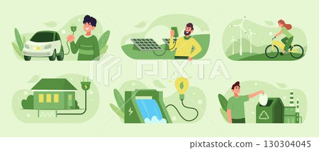 Green technology. People use green energy different renewable smart resources eco production exact vector templates 130304045