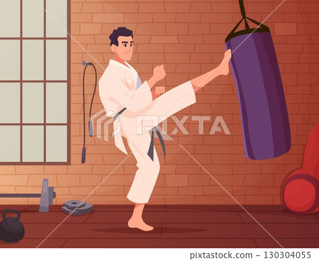 Leg punch. karate fighter in training room. vector cartoon background Leg punch. karate fighter in training room. vector cartoon background 130304055