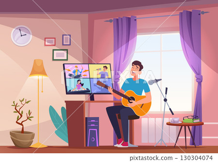 Blogger. male characters sitting in living room and playing on guitar. vector broadcasting concept 130304074