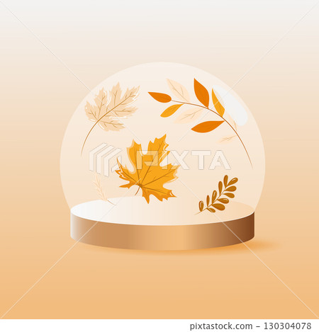 Vector illustration of a glass ball with autumn leaves inside. Maple, aspen, and rowan branches. Souvenir. 130304078