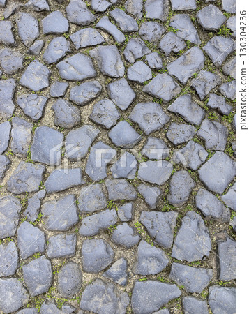 Textured cobblestone pathway adorned with vibrant green moss in urban setting Textured cobblestone pathway adorned with vibrant green moss in urban setting 130304236