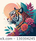 A vibrant surreal nature vector illustration blending realistic animals and blooming flowers with bold minimalism, gradient textures, and futuristic AI-inspired geometric patterns 130304245