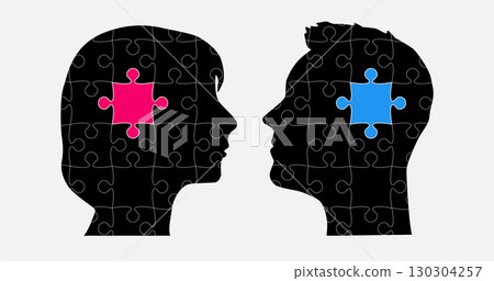Head woman and man made puzzle pieces, brain, idea 130304257