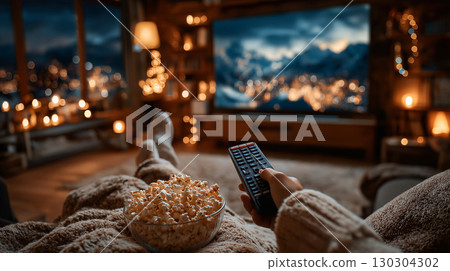 Cozy evening scene with a person holding a remote, bowl of popcorn on their lap, watching TV in a warmly lit room with candles and soft blankets. 130304302