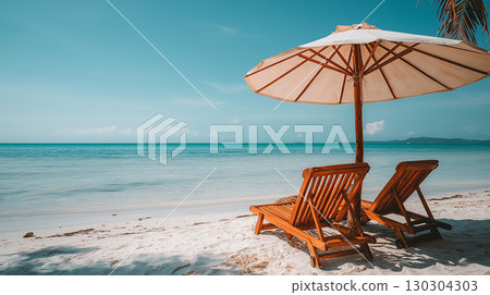 Two wooden beach chairs under a large umbrella facing the calm blue sea on a sunny tropical day, perfect for a relaxing summer vacation escape. 130304303