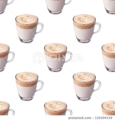 Delicate latte mug seamless pattern in watercolor style. Features coffee-related elements and steam on clean white background for versatility 130304339