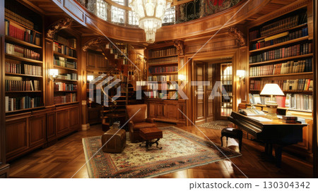 Lavish Art Deco home library with exotic woods, chrome finishes, and plush reading chairs. Celebrates Jazz Age elegance and architectural sophistication 130304342