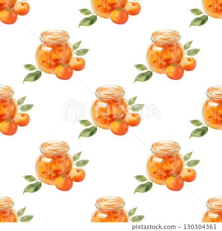 Sweet apricot jam jar pattern with watercolor illustrations and seamless repeat. Designed for bakery branding and culinary background projects Sweet apricot jam jar pattern with watercolor illustrations and seamless repeat. Designed for bakery branding and culinary background projects 130304361