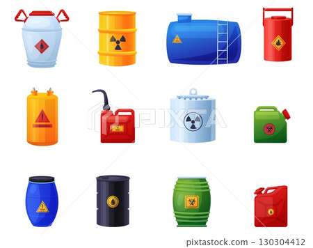 Toxic containers. Metal and plastic canisters and barrels with chemical liquid substance. Flammable elements, container for storage, nowaday vector set 130304412