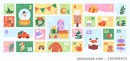 Advent calendar template. Christmas countdown for children and adult, childish tiny presents. Holiday decorations, clothes, racy vector elements Advent calendar template. Christmas countdown for children and adult, childish tiny presents. Holiday decorations, clothes, racy vector elements 130304413