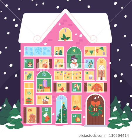 Advent calendar. Christmas style home with tiny presents windows. Xmas gift with different decorations, snowman, fir tree, toys, racy vector template 130304414
